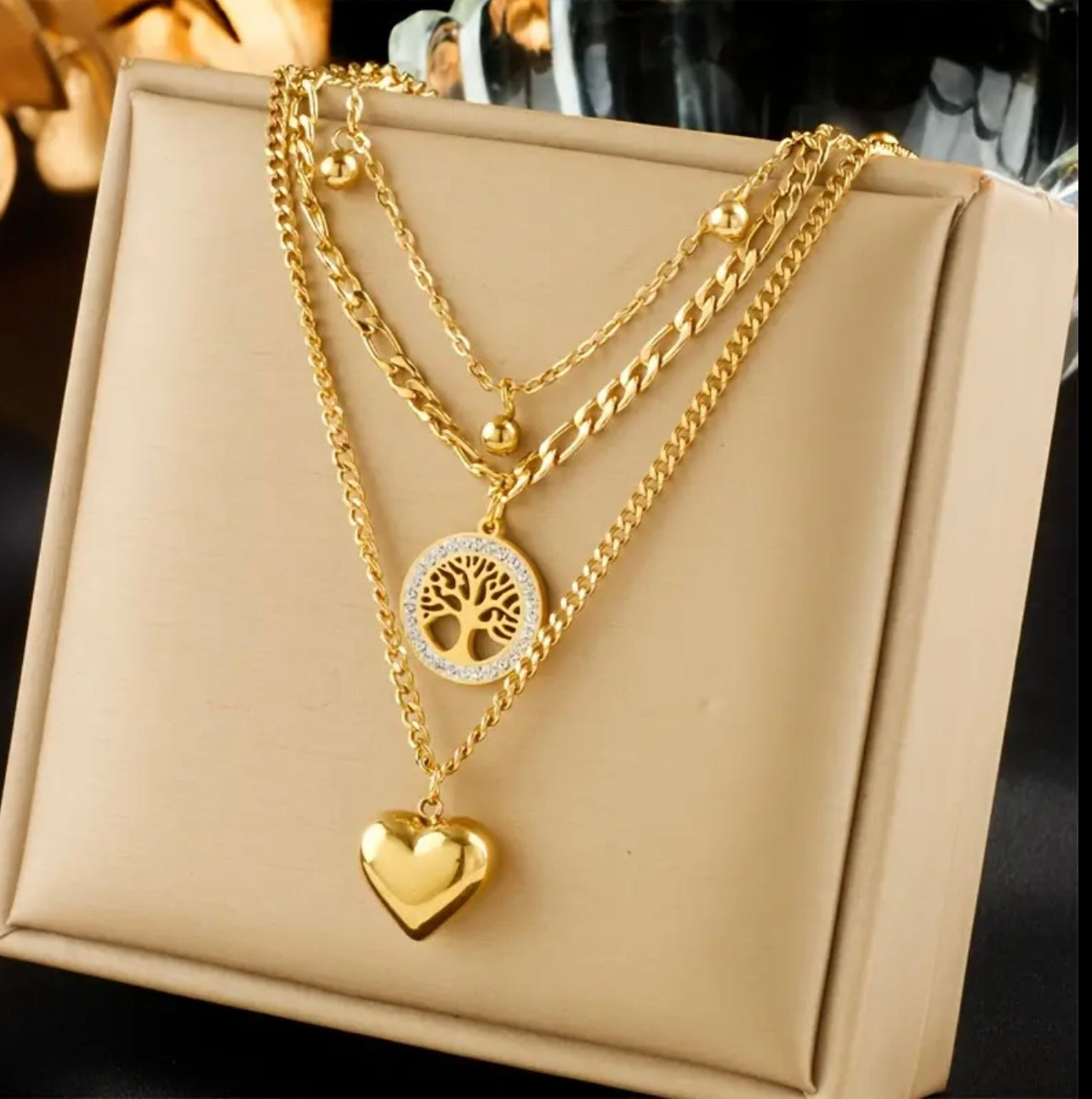18 K vergoldete Edelstahlkette mit Herz- & Baum- Anhänger - Vintage Damen Halskette