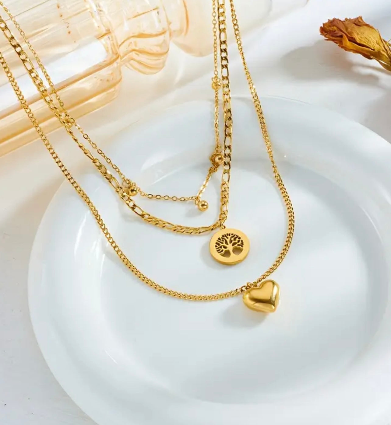 18 K vergoldete Edelstahlkette mit Herz- & Baum- Anhänger - Vintage Damen Halskette