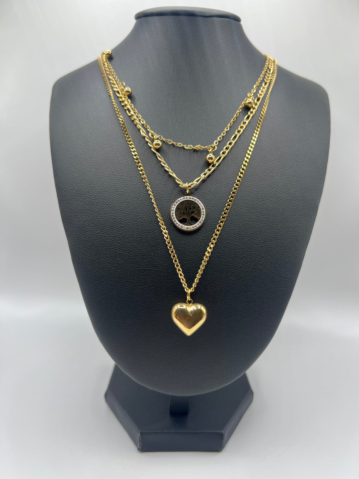 18 K vergoldete Edelstahlkette mit Herz- & Baum- Anhänger - Vintage Damen Halskette