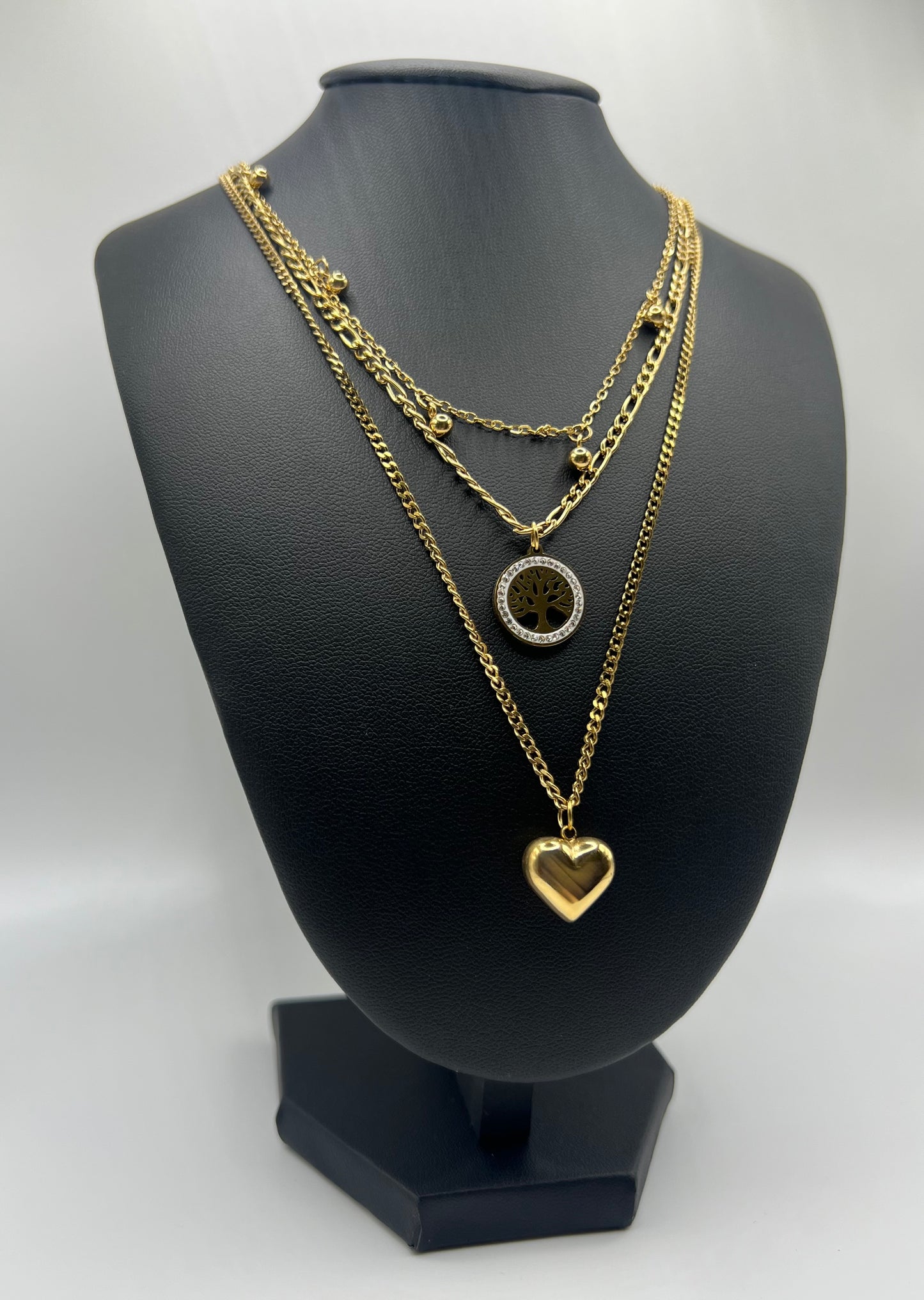 18 K vergoldete Edelstahlkette mit Herz- & Baum- Anhänger - Vintage Damen Halskette