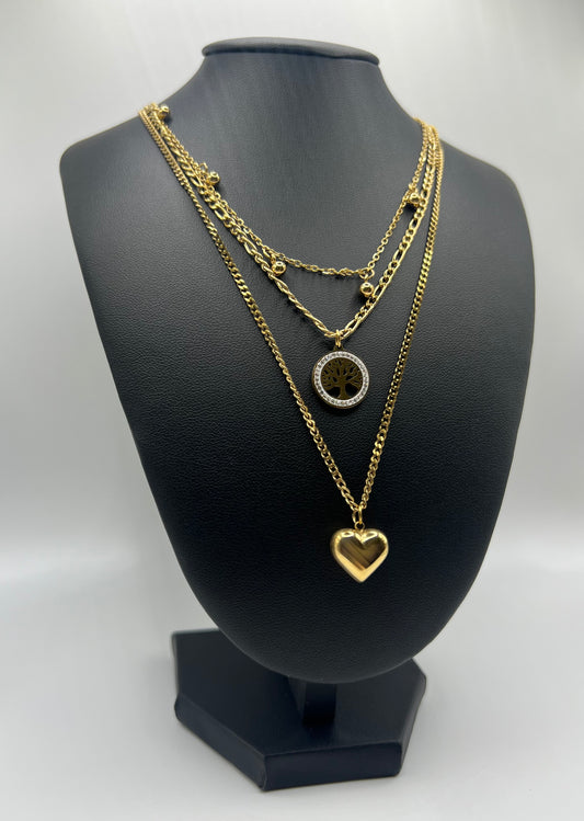 18 K vergoldete Edelstahlkette mit Herz- & Baum- Anhänger - Vintage Damen Halskette